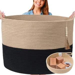 XXXXL Washable Blanket Basket Living Room Boho 24" x 17" 2PCs Toy Woven Rope for Blankets, Pillows, Throws, Laundry   Small Basket | Storage (Black & Brown)
