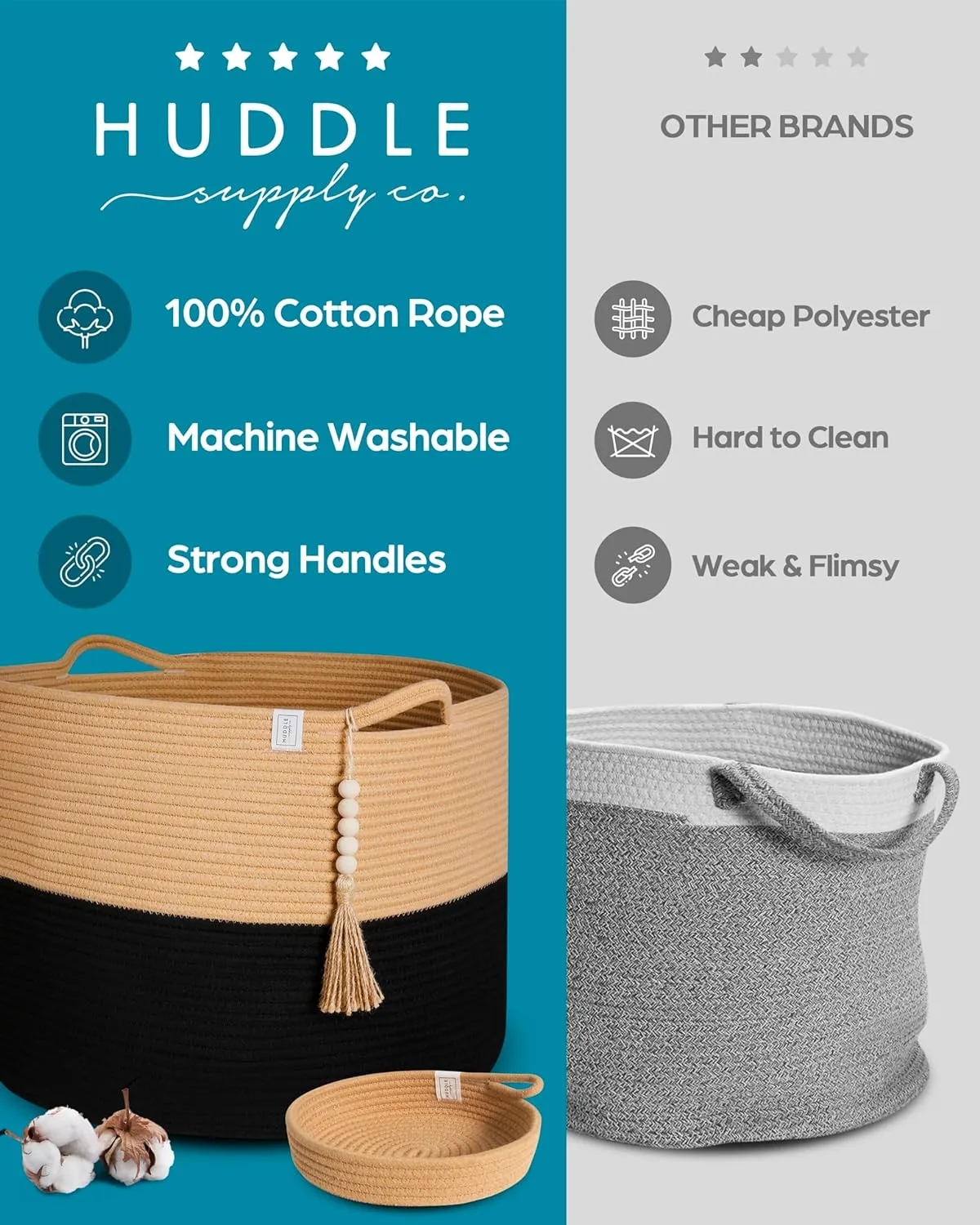 XXXXL Washable Blanket Basket Living Room Boho 24" x 17" 2PCs Toy Woven Rope for Blankets, Pillows, Throws, Laundry   Small Basket | Storage (Black & Brown)