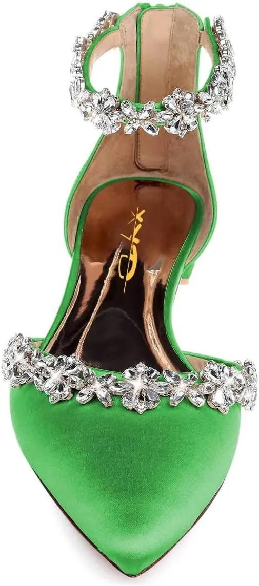 XYD Women Classic Pointed Toe D'Orsay Wedding Flat Sandals Sparkly Rhinestones Ankle Strap Low Heel Dress Shoes with Zipper