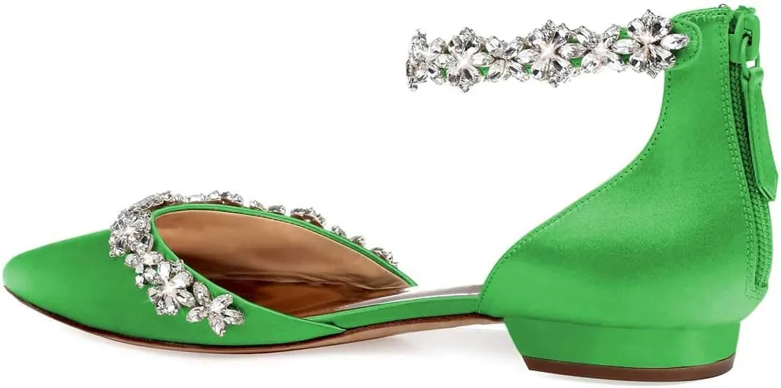 XYD Women Classic Pointed Toe D'Orsay Wedding Flat Sandals Sparkly Rhinestones Ankle Strap Low Heel Dress Shoes with Zipper