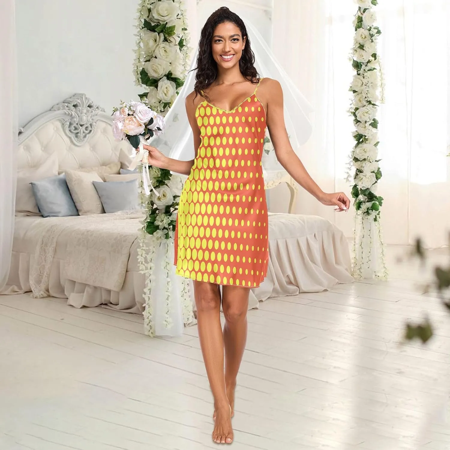 Yellow Red Polka Dots Basic Satin Slip Lingerie, Adjustable Spaghetti Strap V Neck Sleep Lingerie for Women, S
