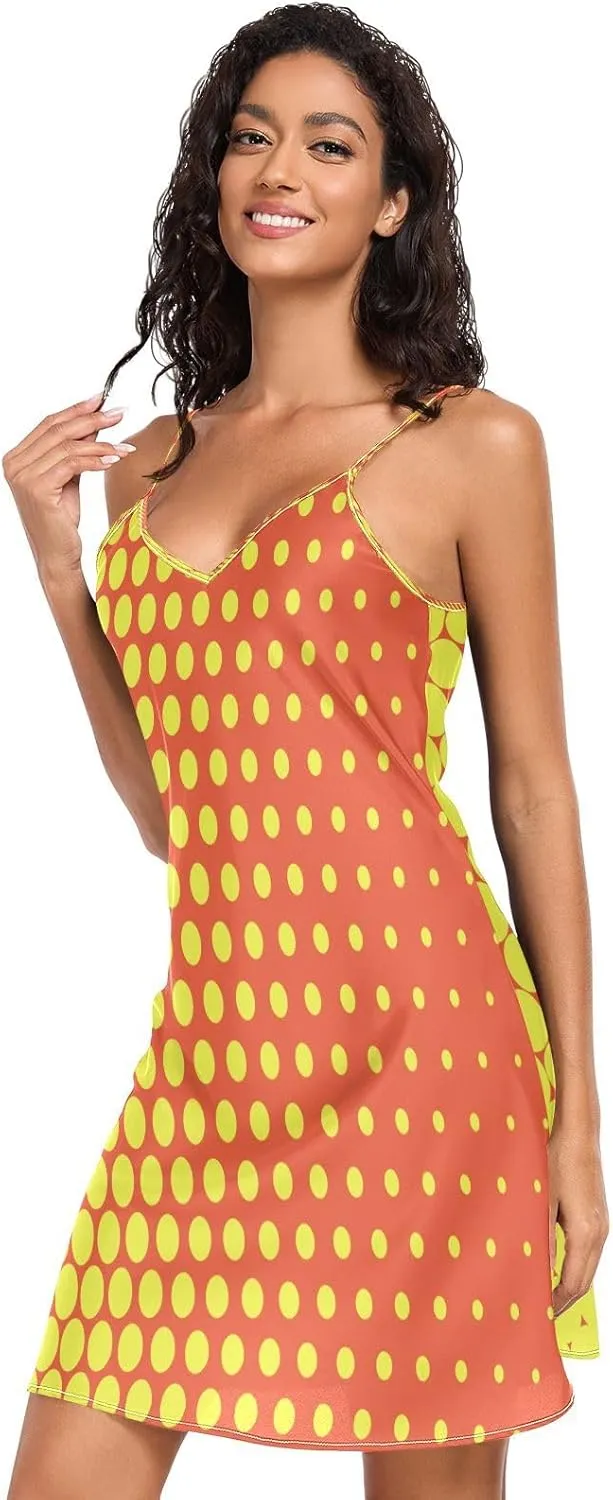 Yellow Red Polka Dots Basic Satin Slip Lingerie, Adjustable Spaghetti Strap V Neck Sleep Lingerie for Women, S