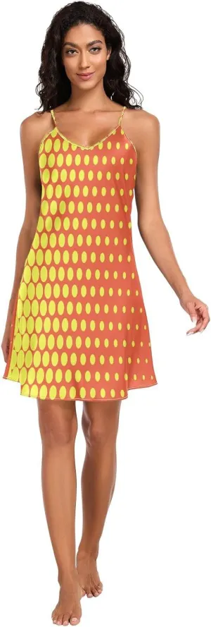 Yellow Red Polka Dots Basic Satin Slip Lingerie, Adjustable Spaghetti Strap V Neck Sleep Lingerie for Women, S