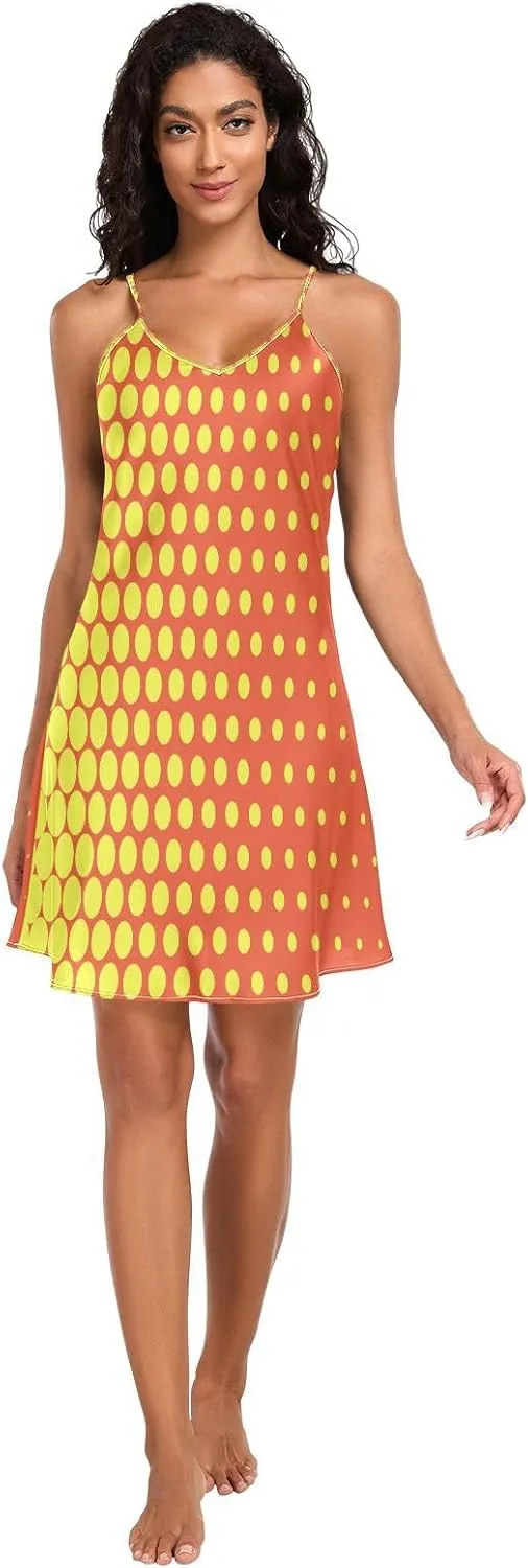 Yellow Red Polka Dots Basic Satin Slip Lingerie, Adjustable Spaghetti Strap V Neck Sleep Lingerie for Women, S
