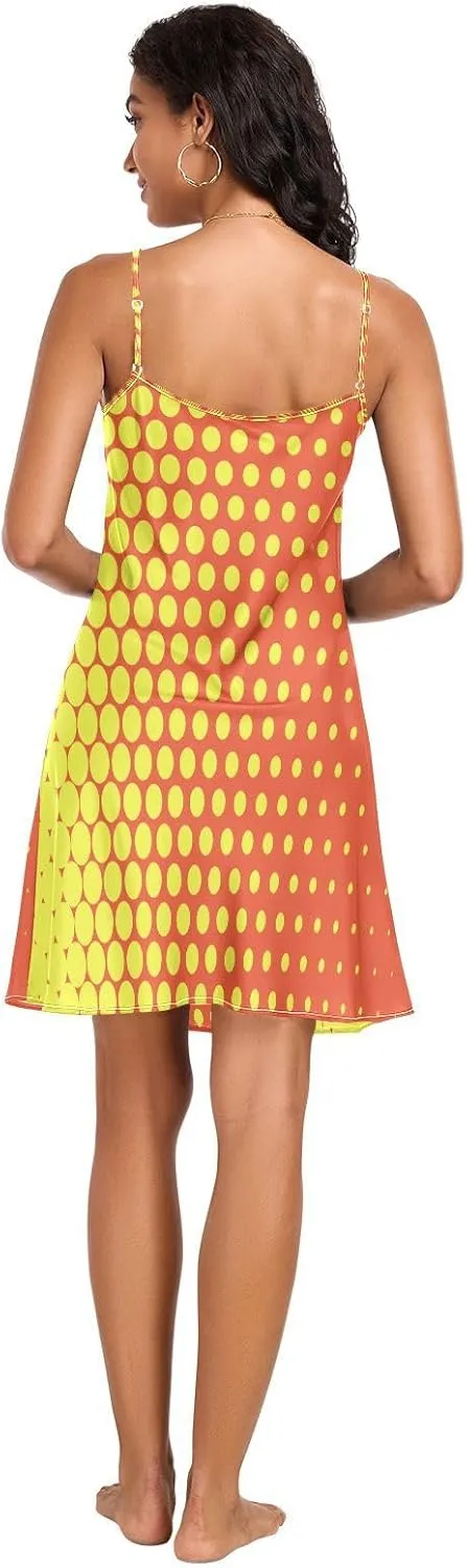 Yellow Red Polka Dots Basic Satin Slip Lingerie, Adjustable Spaghetti Strap V Neck Sleep Lingerie for Women, S