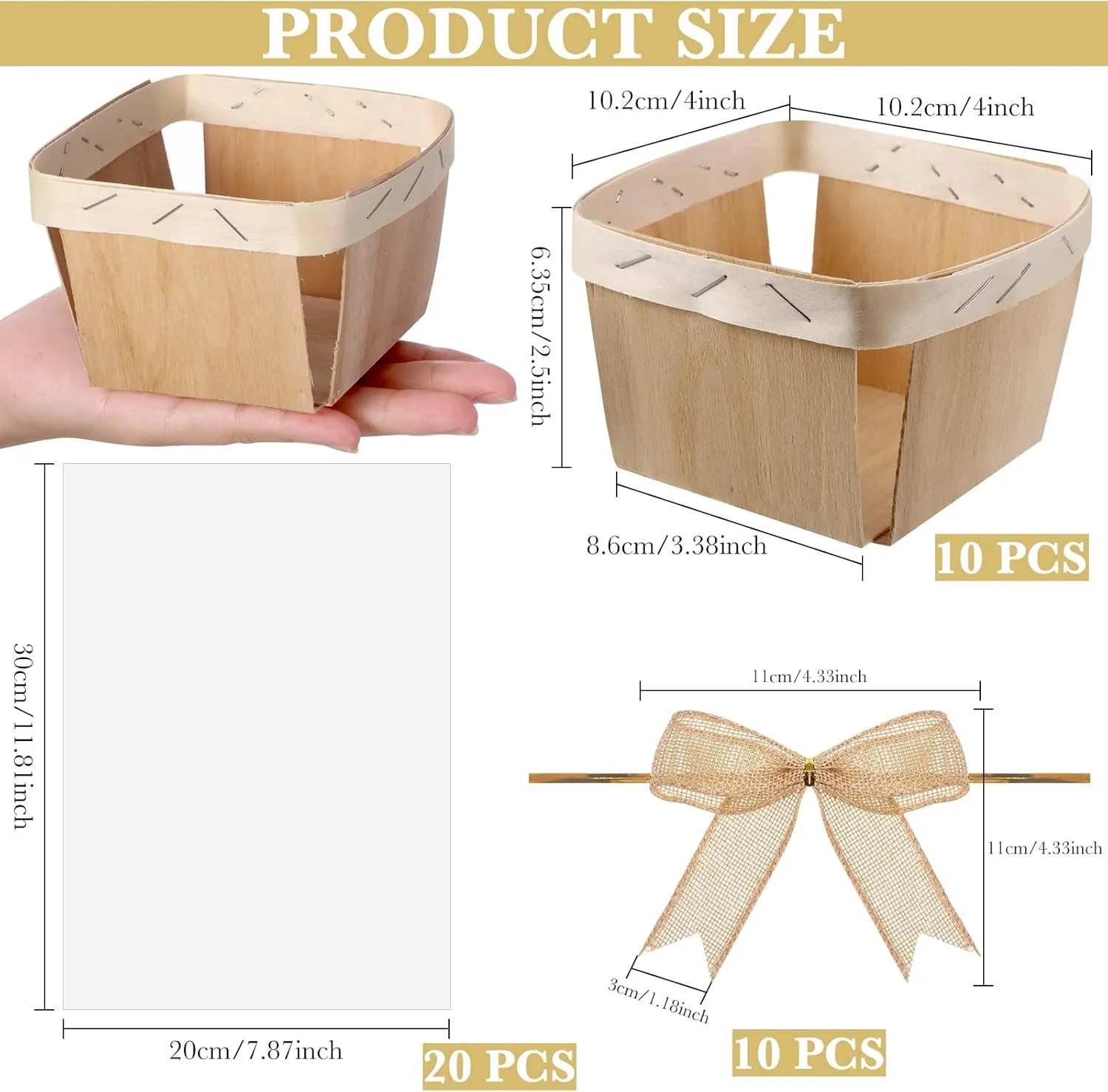 Yerliker 10 Set Wooden Mini Baskets for Gifts Empty 4 Inches Small Baskets Berry Basket Bows Clear Treat Bags Set for DIY Picking Wedding Birthday Easter(Brown,Linen)