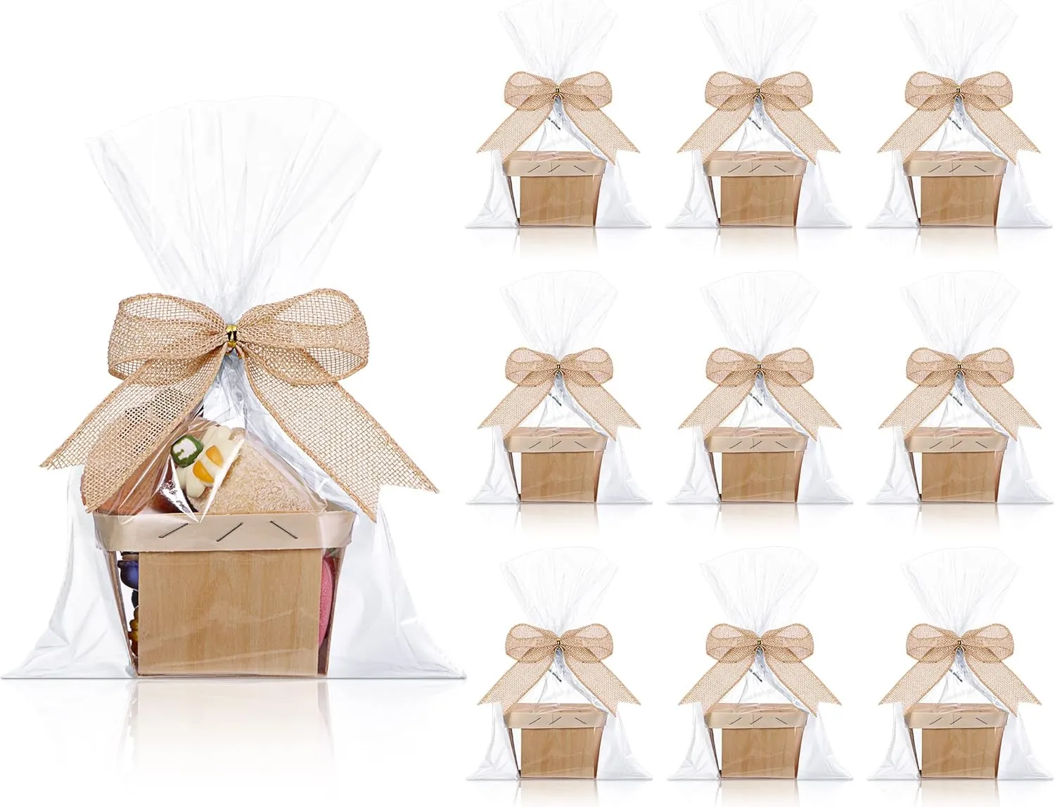 Yerliker 10 Set Wooden Mini Baskets for Gifts Empty 4 Inches Small Baskets Berry Basket Bows Clear Treat Bags Set for DIY Picking Wedding Birthday Easter(Brown,Linen)