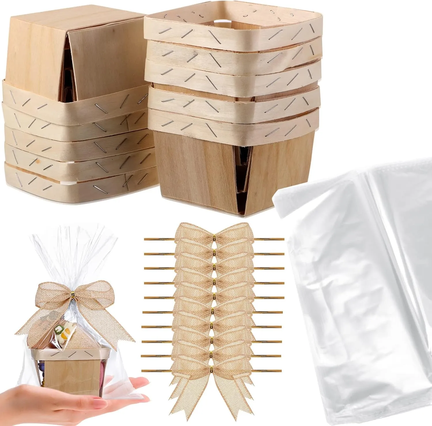 Yerliker 10 Set Wooden Mini Baskets for Gifts Empty 4 Inches Small Baskets Berry Basket Bows Clear Treat Bags Set for DIY Picking Wedding Birthday Easter(Brown,Linen)