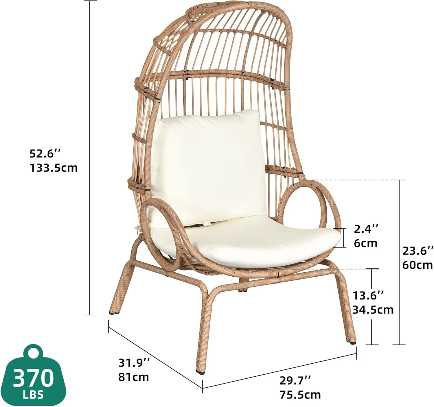 YITAHOME Outdoor Narrow Egg Chair Wicker, Patio Rattan Basket Chair with 370lbs Capacity Indoor Egg Chairs with Stand & Cushion Cocoon Chair for Bedroom, Patio, Balcony - Beige