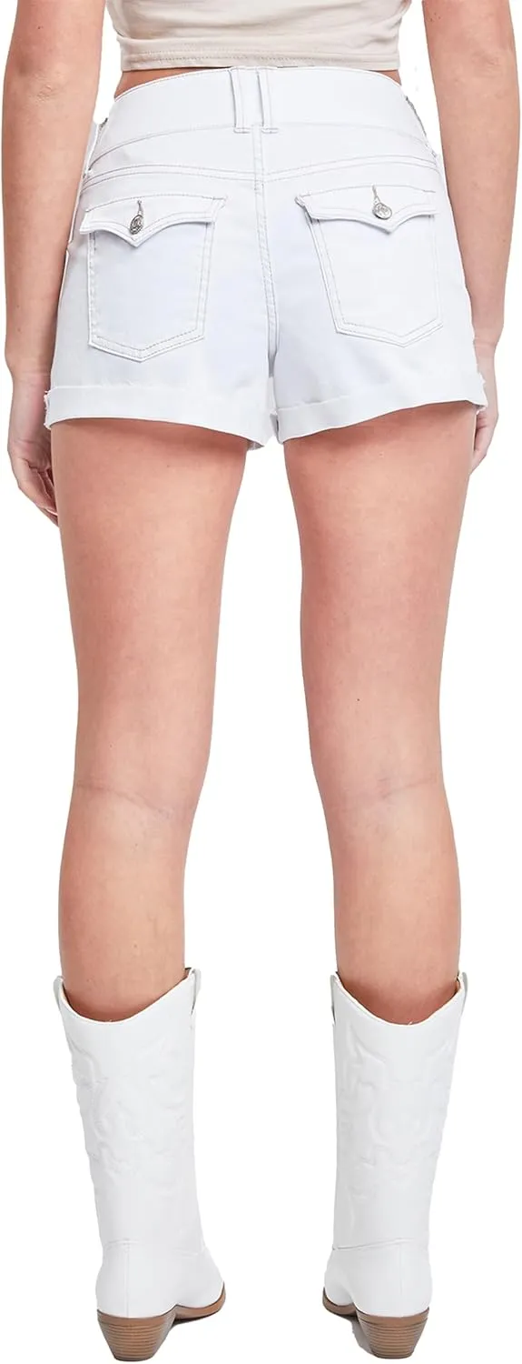 YMI Women's Low-Rise 2-Button Denim Shorts with Flap Back Pockets and Cuffed Hems