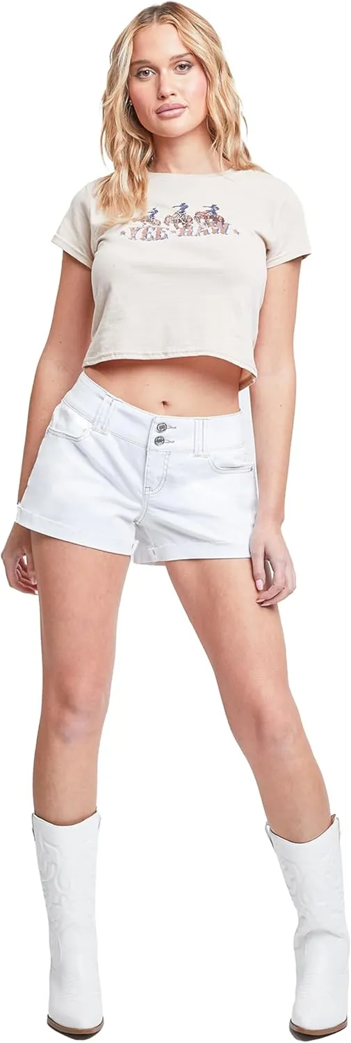 YMI Women's Low-Rise 2-Button Denim Shorts with Flap Back Pockets and Cuffed Hems