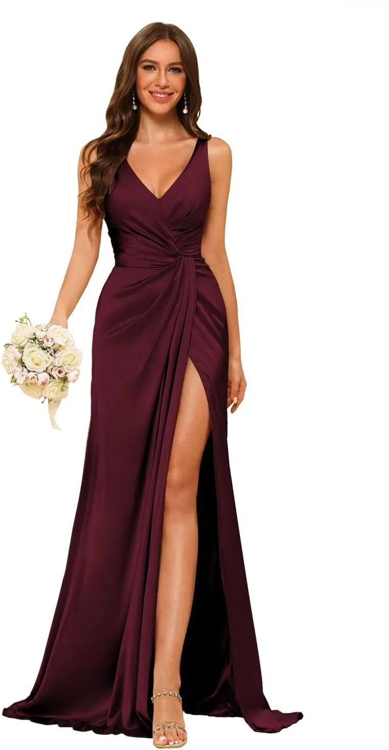 YMSHA Women's V Neck Bridesmaid Dresses with Slit Ruched Waist Satin Pleated Formal Party Dress YMS277