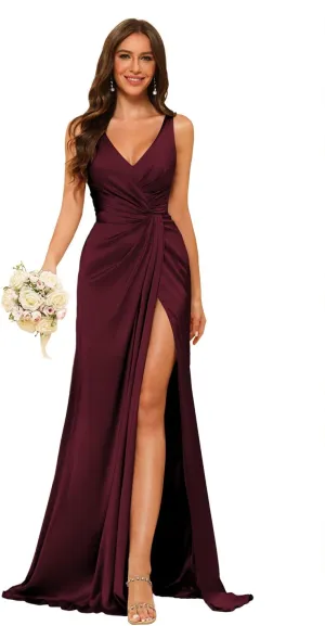 YMSHA Women's V Neck Bridesmaid Dresses with Slit Ruched Waist Satin Pleated Formal Party Dress YMS277