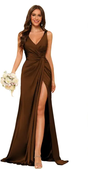 YMSHA Women's V Neck Bridesmaid Dresses with Slit Ruched Waist Satin Pleated Formal Party Dress YMS277