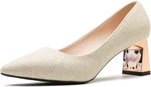 YooPrettyz Women Sparkle Bridal Dress Shoes Glitter Evening Dance Prom Party Fabric Block Mid Heels Shoes