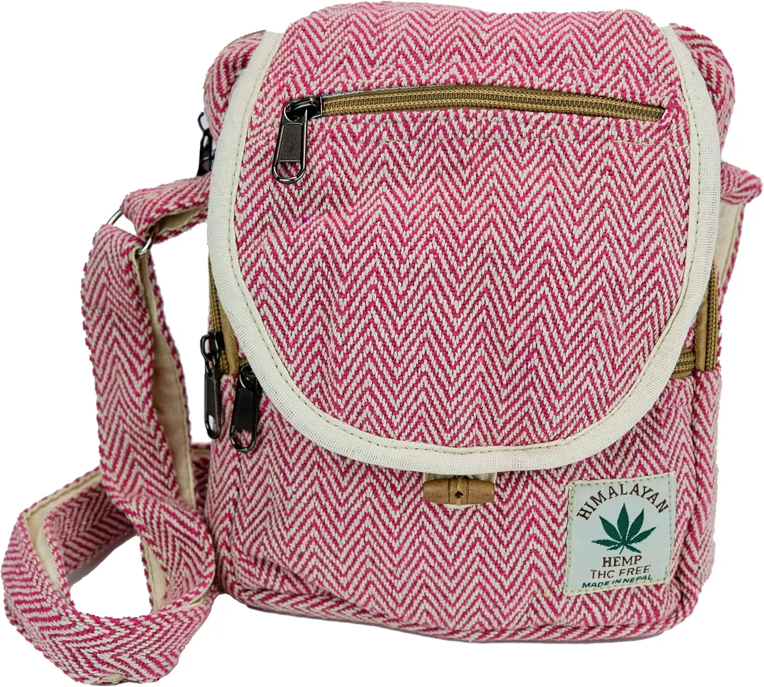 Zen Canyon Natural Hemp Pink Herringbone Cross Body Purse Shoulder Bag, 9 x 8 Inches