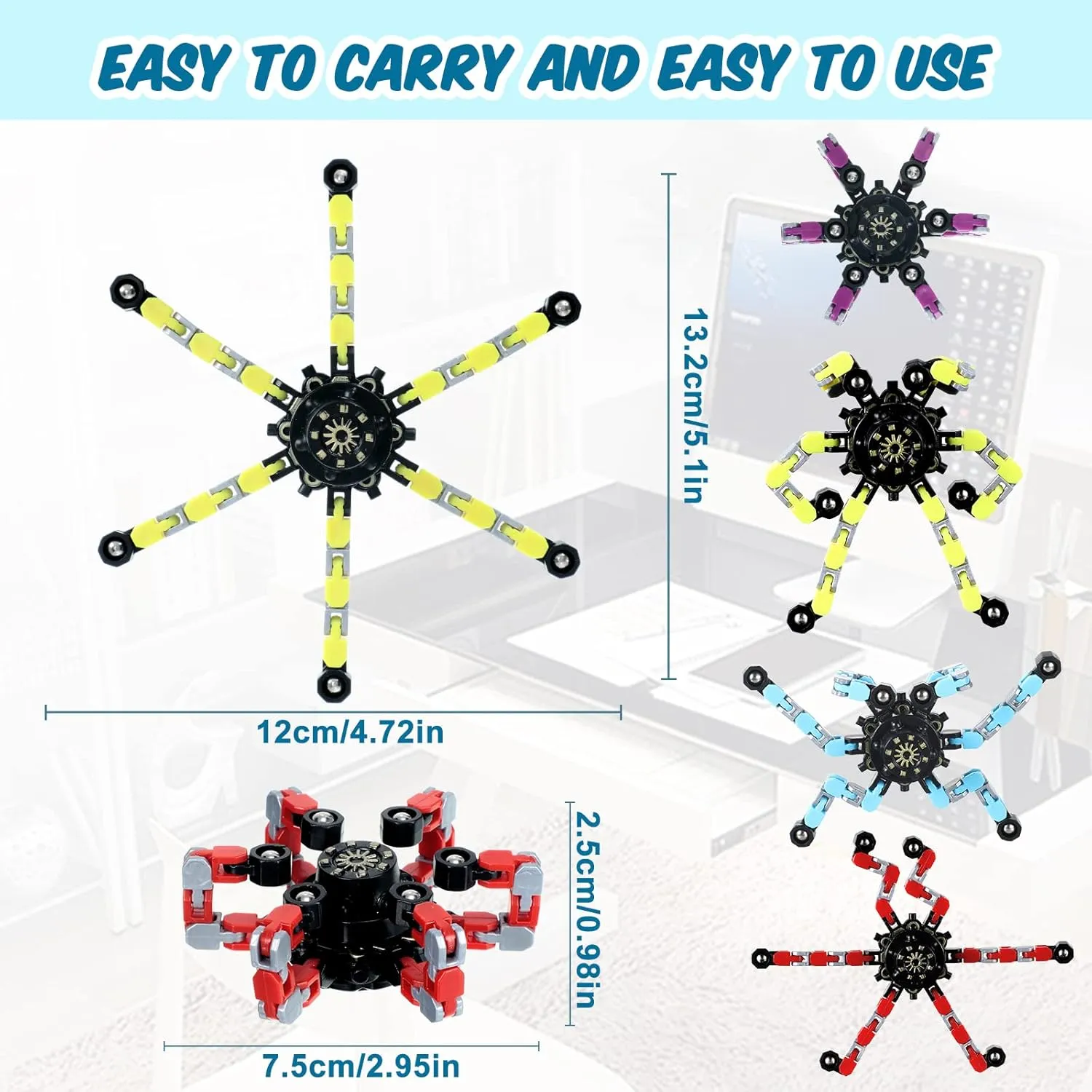Zhanmai 64 Pack Funny Sensory Fidget Toys, Transformable Fidget Spinners Deformable Chain DIY Robot Spinner Sensory Toy, Stress Relief Fingertip Gyro Toy for Kid Adults Birthday Party Favors