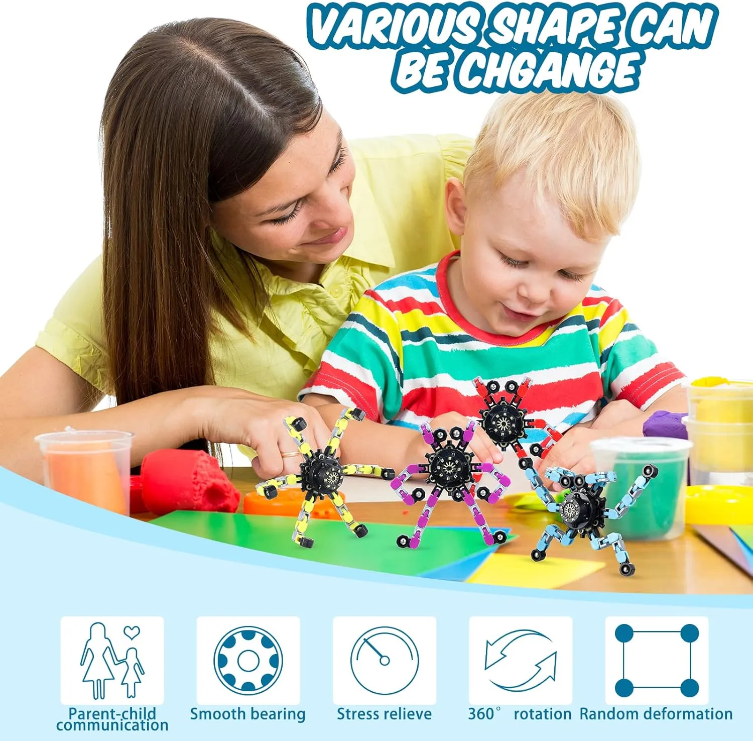 Zhanmai 64 Pack Funny Sensory Fidget Toys, Transformable Fidget Spinners Deformable Chain DIY Robot Spinner Sensory Toy, Stress Relief Fingertip Gyro Toy for Kid Adults Birthday Party Favors