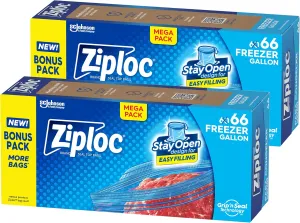 Ziploc Gallon Food Storage Freezer Bags, Stay Open Design with Stand-Up Bottom, Easy to Fill, 132 Bags Total