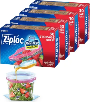 Ziploc Quart Food Storage Bags, Stay Open Design with Stand-Up Bottom, Easy to Fill, 120 Bags Total