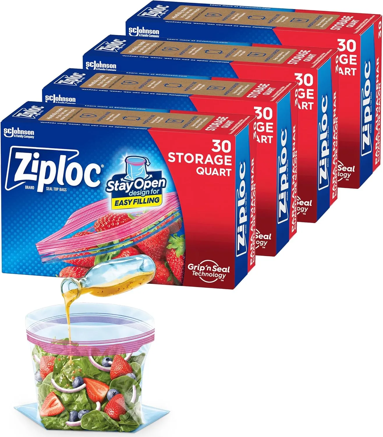 Ziploc Quart Food Storage Bags, Stay Open Design with Stand-Up Bottom, Easy to Fill, 120 Bags Total