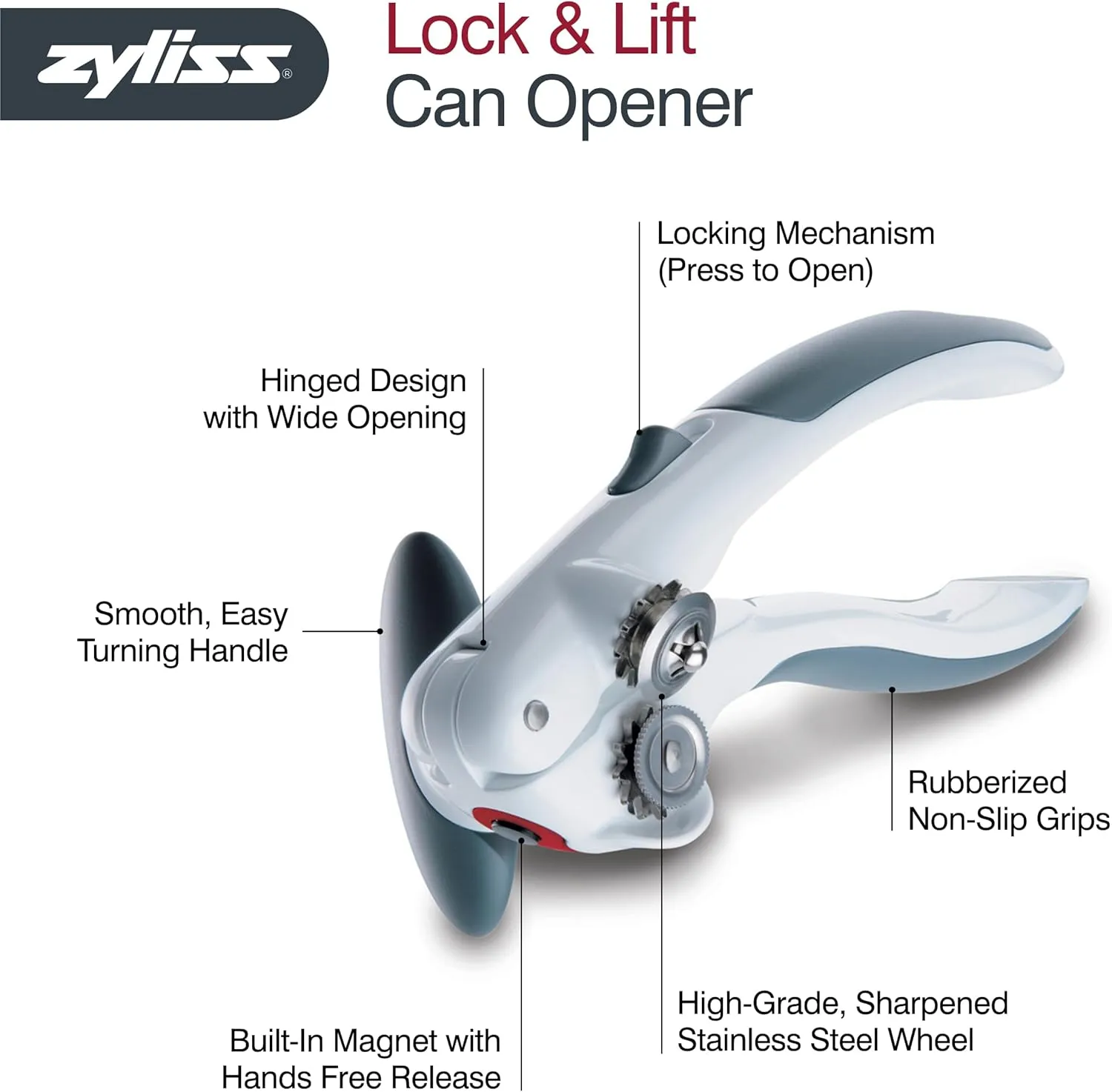 Zyliss Lock N' Lift Can Opener with Lid Lifter Magnet - Manual Can Opener with Locking Mechanism - Magnetic Can Opener - Easy-to-Turn Can Opener - White/Gray